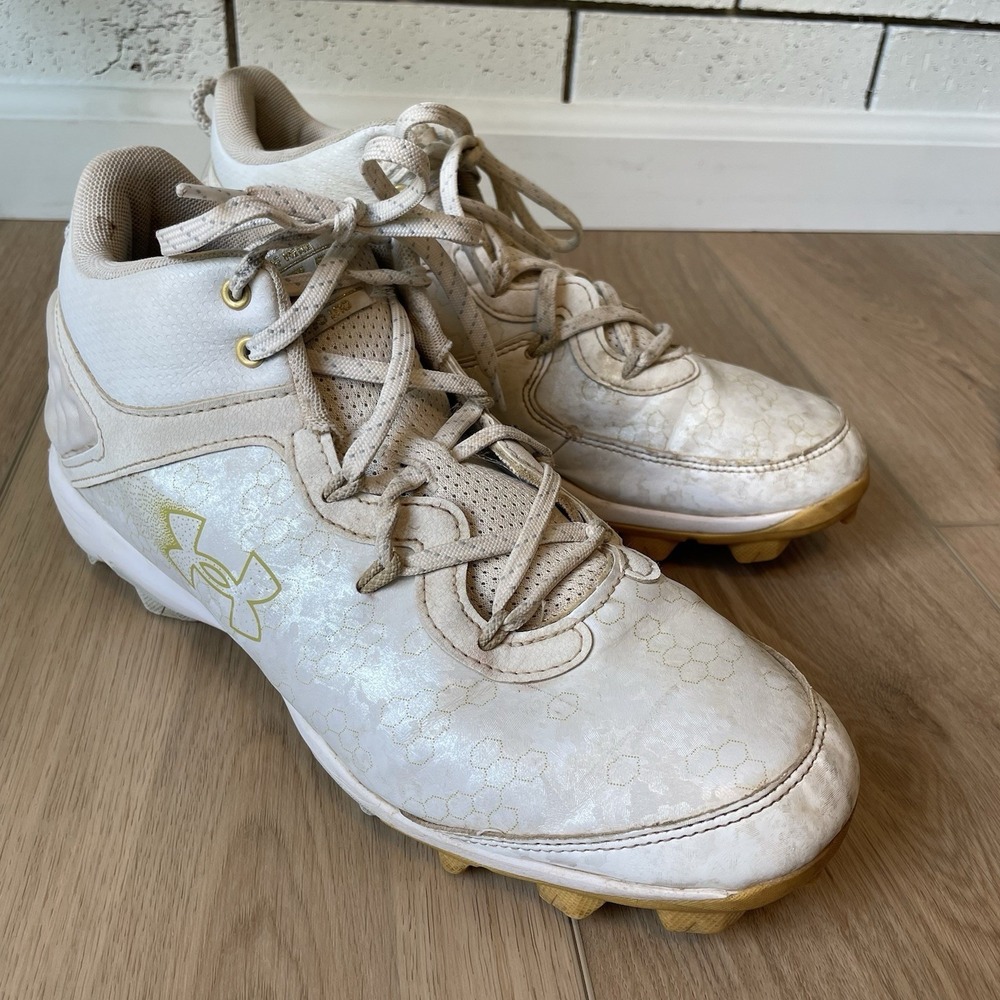 Under Armour Harper 8 Mid RM Baseball Cleats Mens Size 9.5 White Gold 3026592